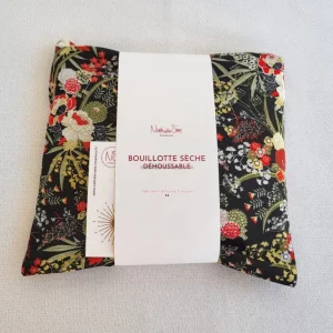 Bouillotte carré sèche déhoussable motif fleur tissu noir